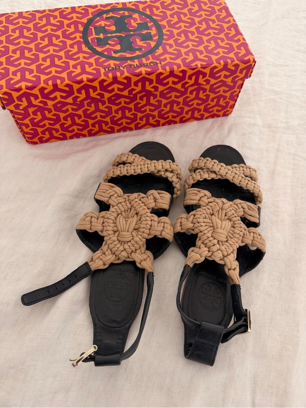 Tory Burch Black Leather Sandals with Tan Braided Upper